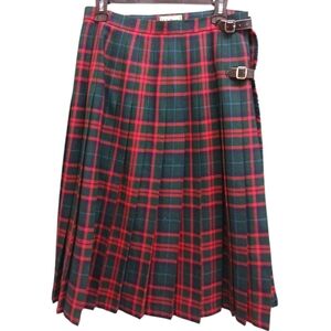 L.L. Bean Vintage Wool Plaid Pleated A-Line Wrap Skirt Side Buckles  14 Petite